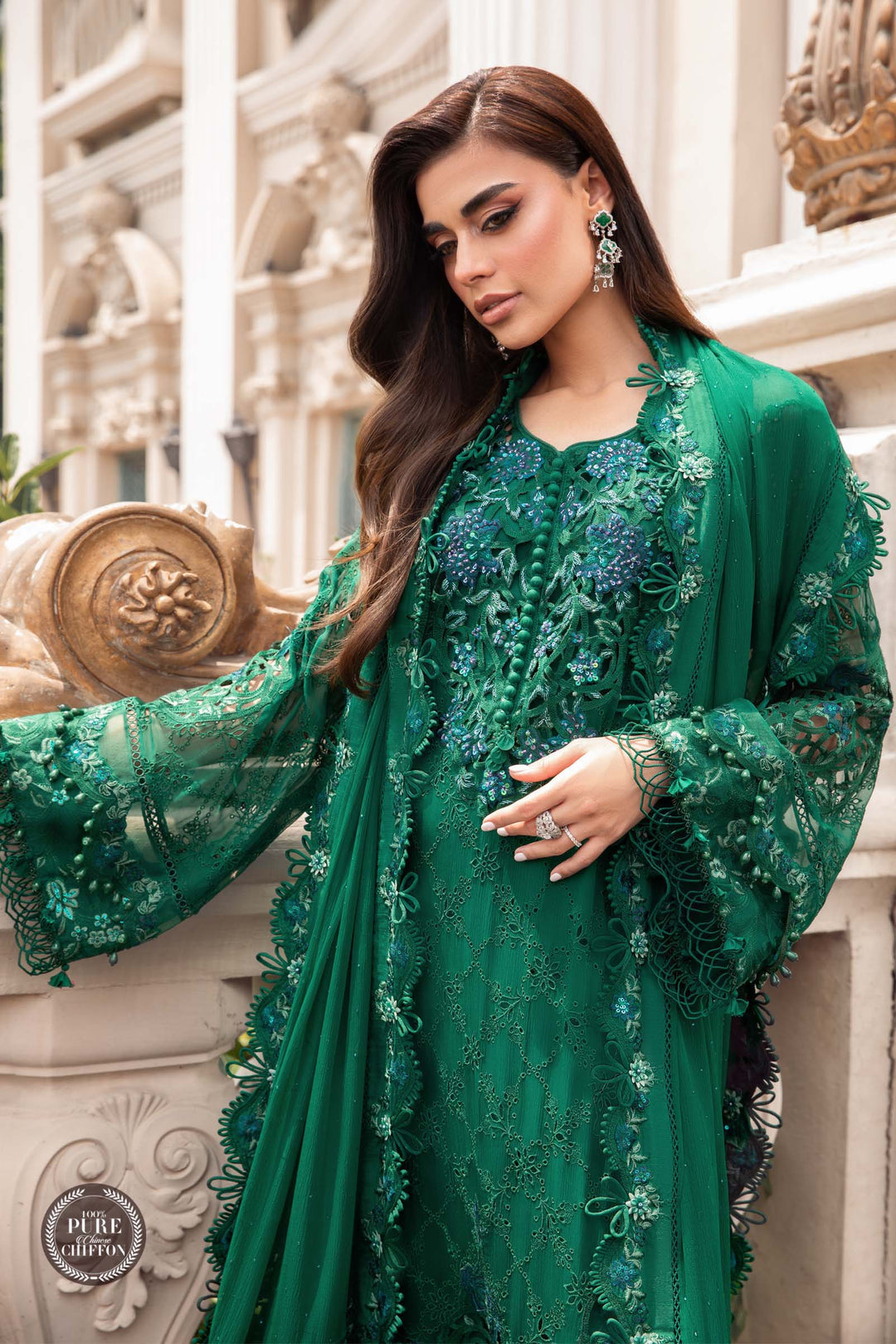 green emerald velvet dress Maria B.Unstitched Chiffon