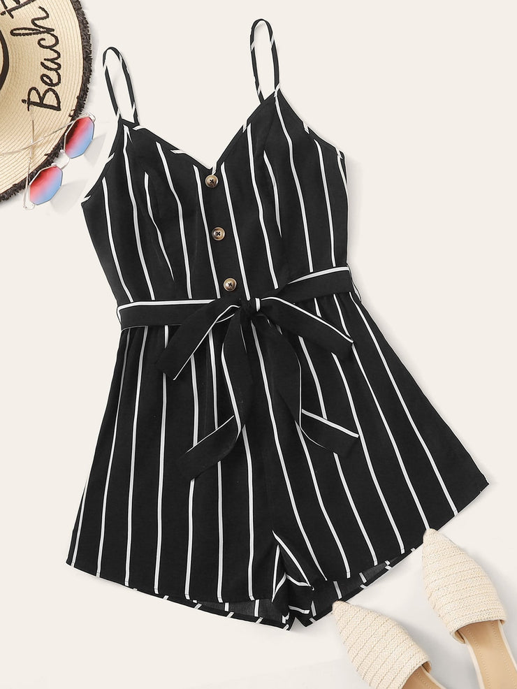 Buttoned Front Self Belted Striped Cami Romper