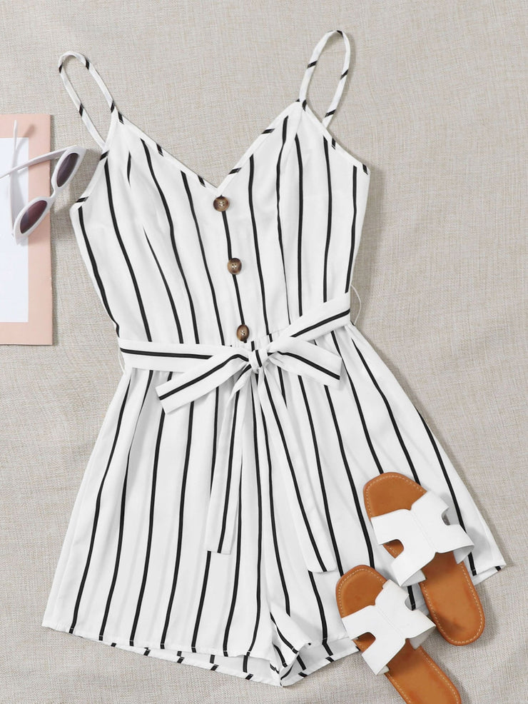 Buttoned Front Self Belted Striped Cami Romper