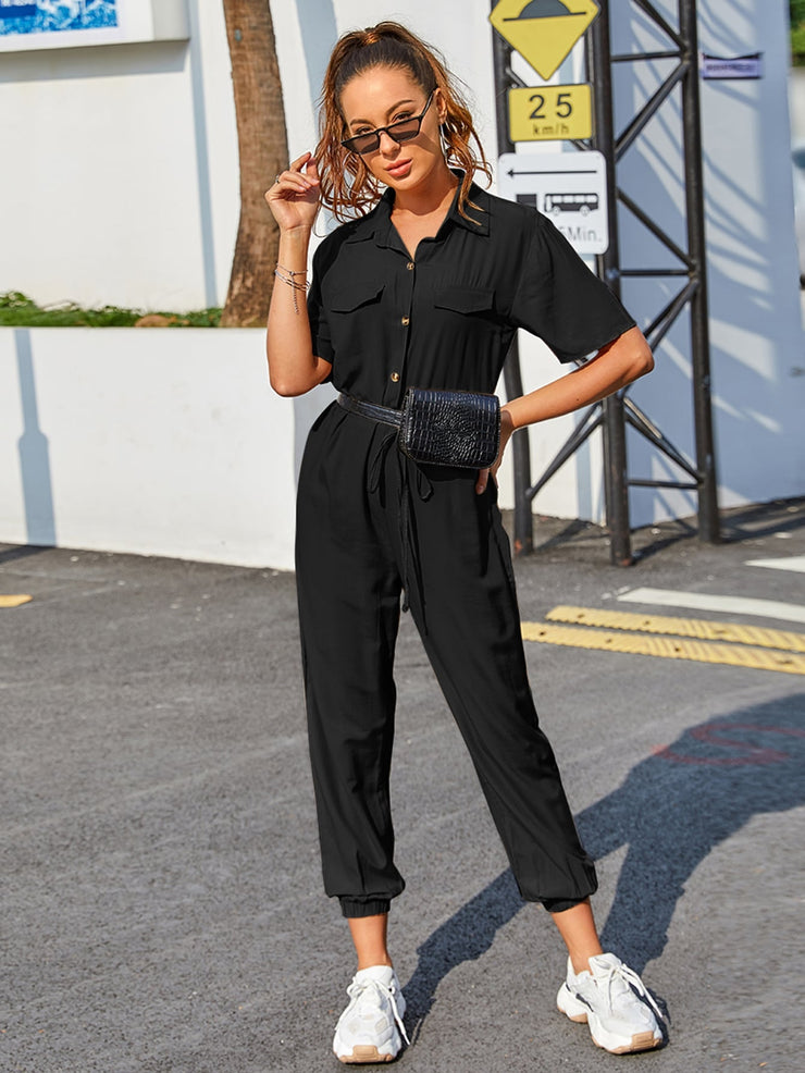 Solid Drawstring Waist Shirt Jumpsuit Without Bag
