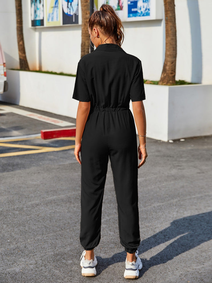 Solid Drawstring Waist Shirt Jumpsuit Without Bag
