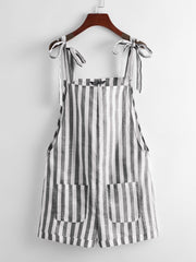 Tie Shoulder Pocket Patched Two Tone Striped Cuffed Romper