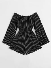 Striped Print Frill Trim Tie Front Bardot Romper