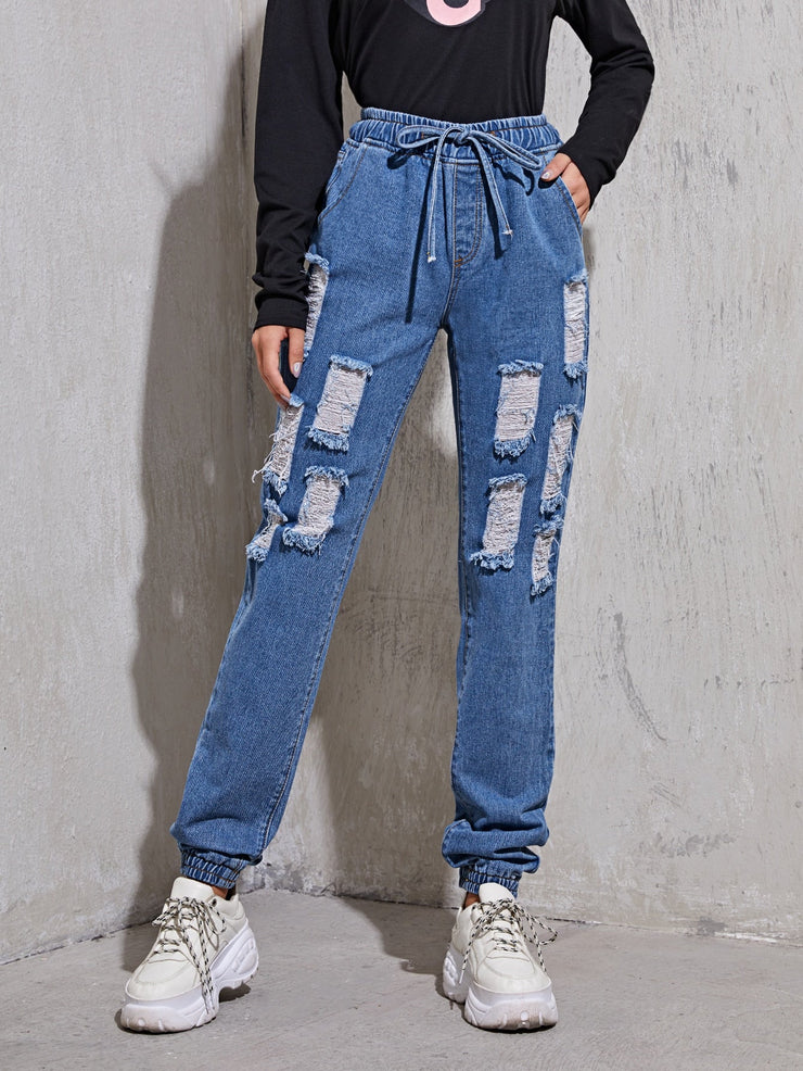Tie Waist Ripped Jogger Jeans