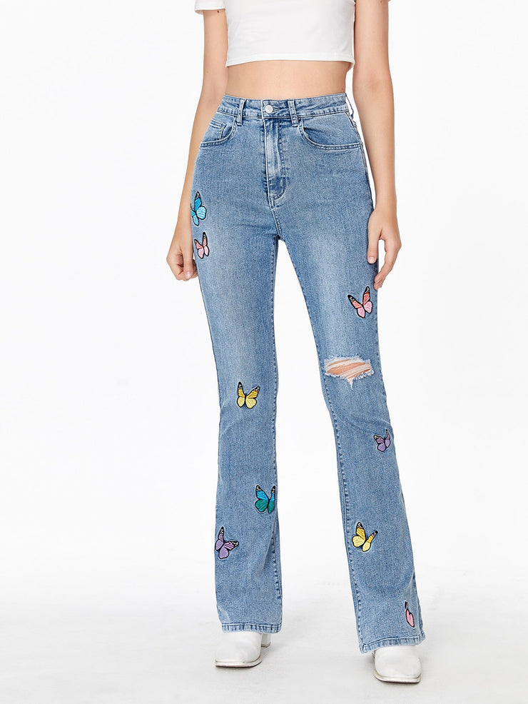 High Waisted Butterfly Embroidery Ripped Flare Leg Jeans