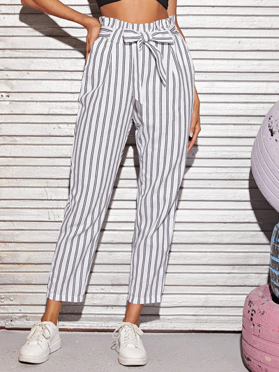 Tied Paperbag Waist Striped Pants