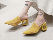 LazySea 7cm Fretwork Heels Pointed Toe Slippers Women Shoes Stretch Fabric Air Mesh Mules Flip Flop Slip On Slides Plus Size 43