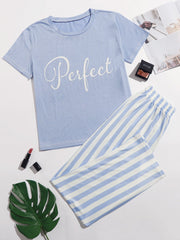 Letter Graphic Tee & Striped Pants PJ Set
