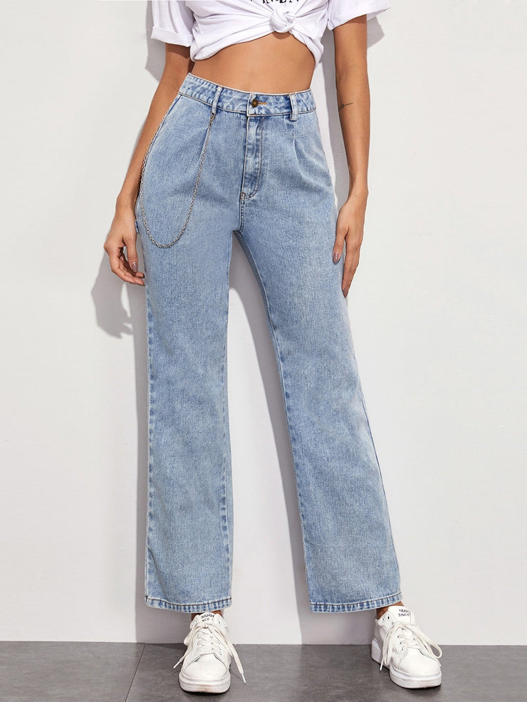 High Waisted Chain Decoration Baggy Mom Jeans