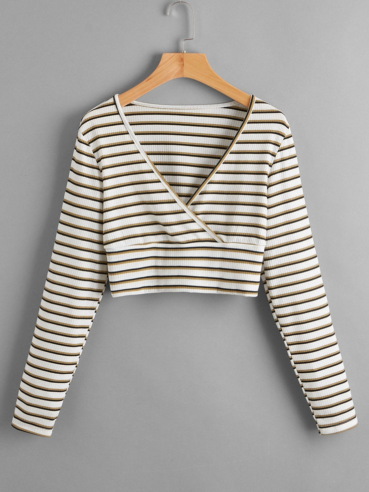 Striped Wrap Ribbed Crop Tee