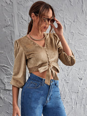 Button Front Lantern Sleeve Knot Suede Crop Top
