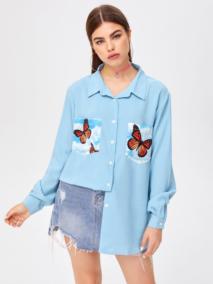 Butterfly Print Pocket Front Shirt