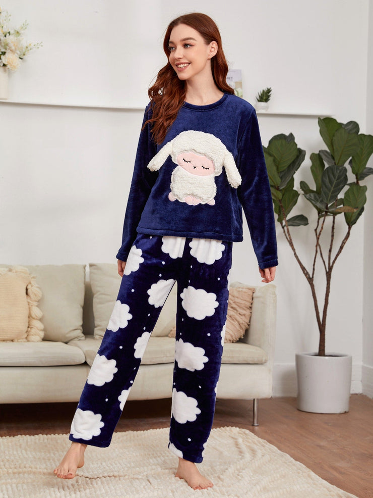 Cartoon Sheep Patched Flannel Pajama Set