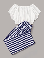 Bardot Crop Top & Striped Paperbag Pants
