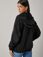 Drop Shoulder Slogan Graphic Half Zipper Drawstring Hooded Jacket