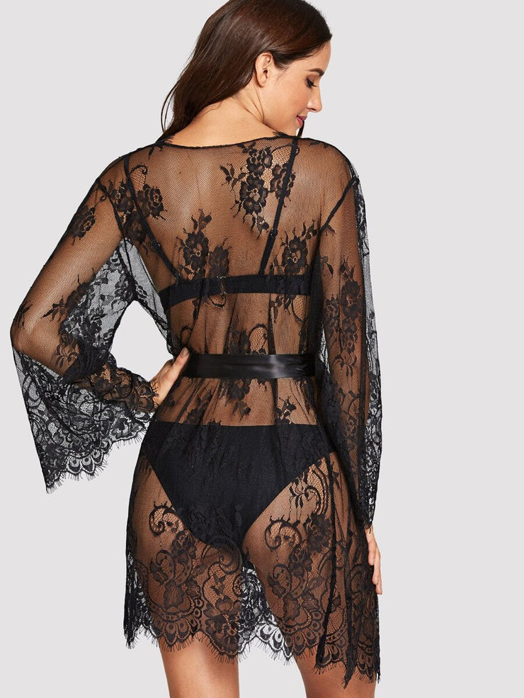 Floral Lace Robe With Thong