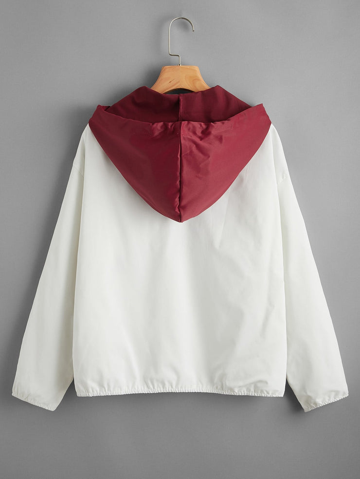 Zip Up Colorblock Drawstring Hooded Jacket
