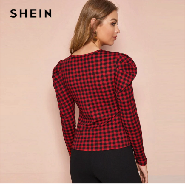 SHEIN Gingham Print Elegant T-Shirts Women Tops 2019 Autumn Korean Leg-Of-Mutton Sleeve Office Ladies Basic Tops And Tees
