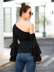 Asymmetric Neck Layered Sleeve Belted Top
