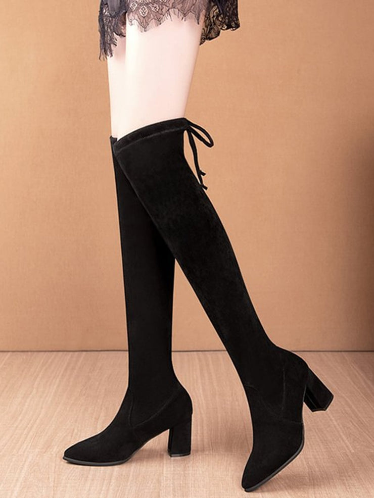 Tie Back Chunky Heeled Over The Knee Boots