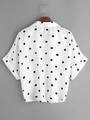 Polka Dot Knot Front Cuffed Blouse