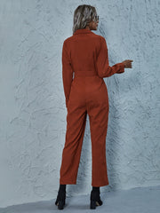 Solid Button Front Belted Corduroy Shirt Jumpsuit