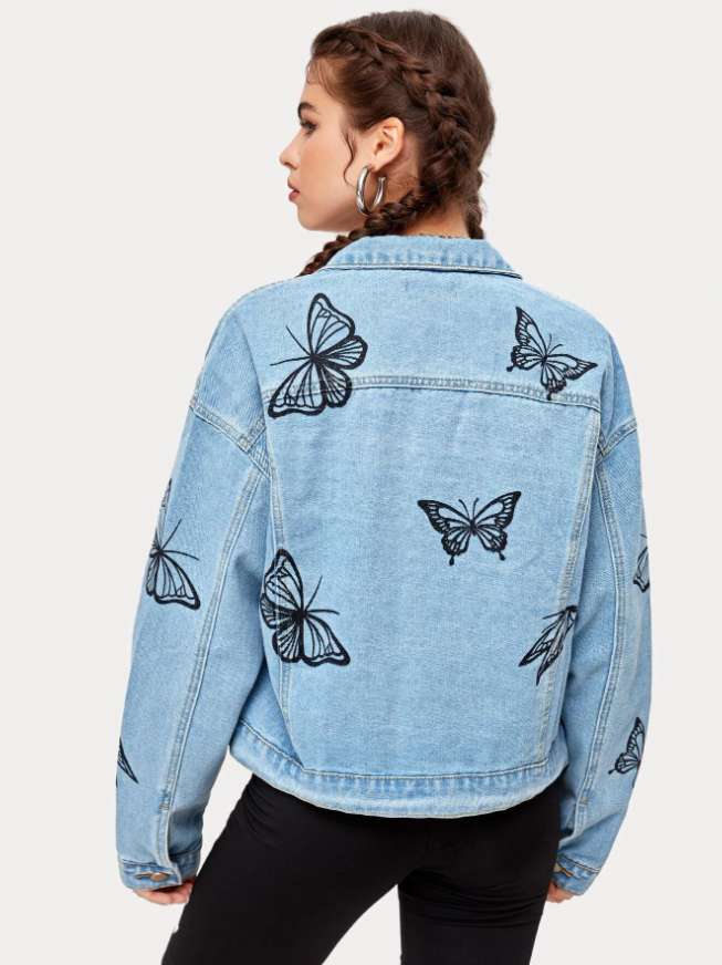 Flap Pocket Button Front Butterfly Print Denim Jacket