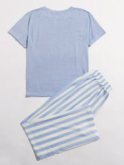 Letter Graphic Tee & Striped Pants PJ Set