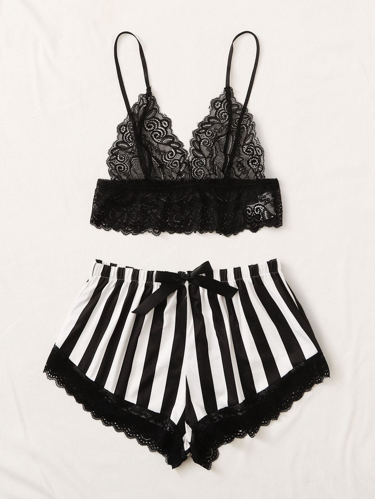 Floral Lace Bralette With Striped Shorts
