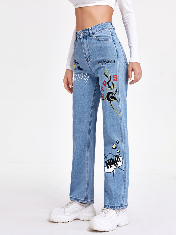 Letter and Graphic Print Jeans