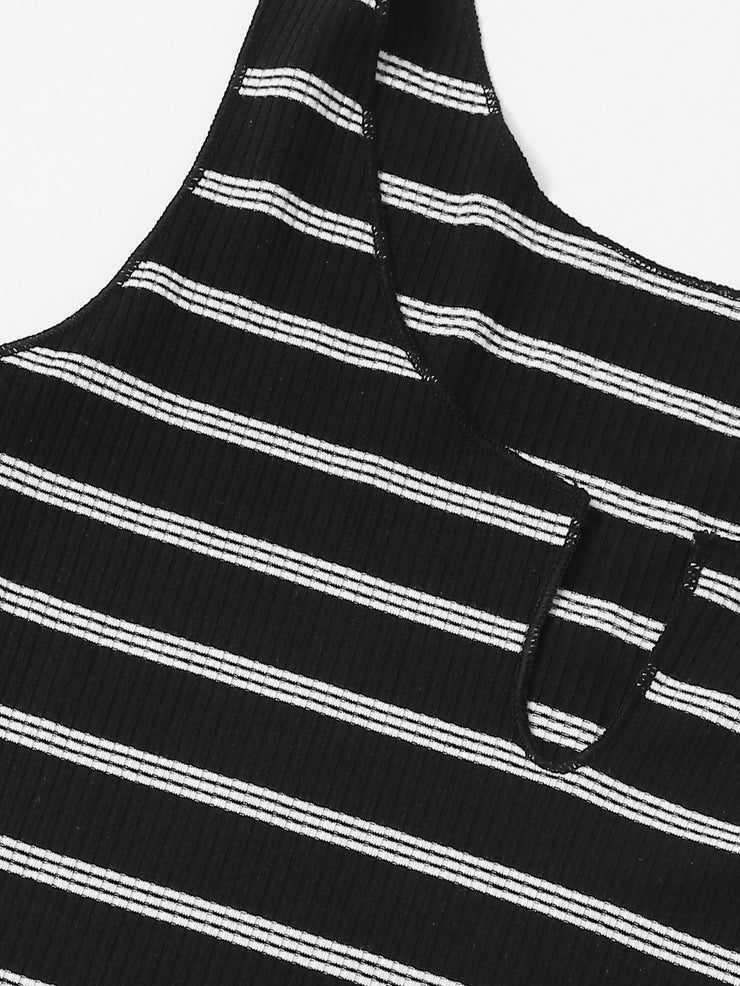 Notched Neck Rib-knit Striped Nightdress
