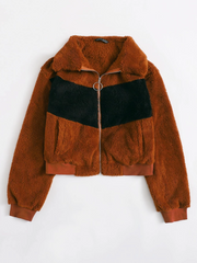 O-ring Zipper Front Colorblock Teddy Jacket