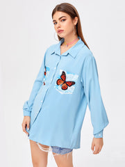 Butterfly Print Pocket Front Shirt
