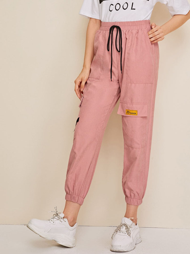 Pocket Patched Buckle Drawstring Cargo Pants
