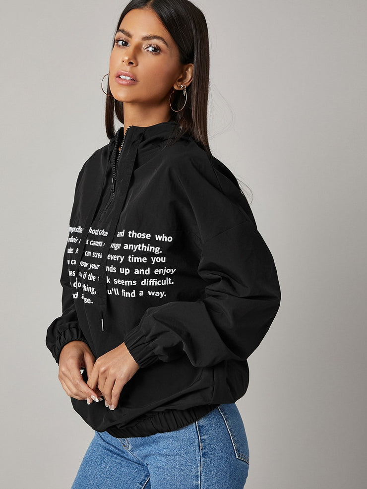 Drop Shoulder Slogan Graphic Half Zipper Drawstring Hooded Jacket