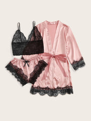 Floral Lace Bralette With Satin Shorts & Belted Robe