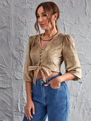 Button Front Lantern Sleeve Knot Suede Crop Top