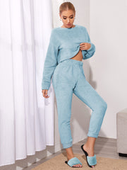 Solid Crop Top With Pants Teddy Lounge Set
