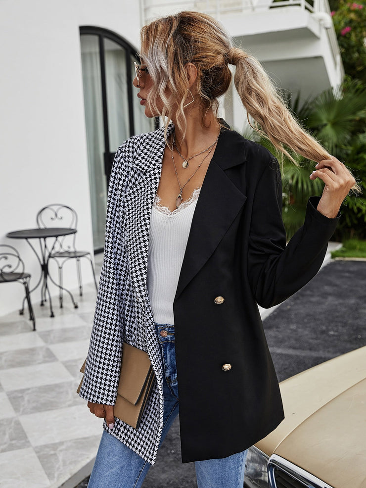 Houndstooth Panel Double Breasted Spliced Blazer