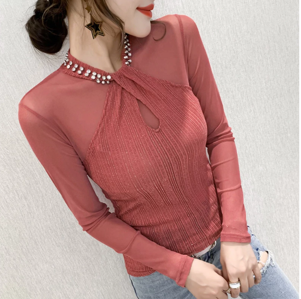 New 2020 Autumn Long Sleeve Women T-shirts Fashion Sexy Mesh tops Beaded Solid Color Woman tshirts Plus Size blusas