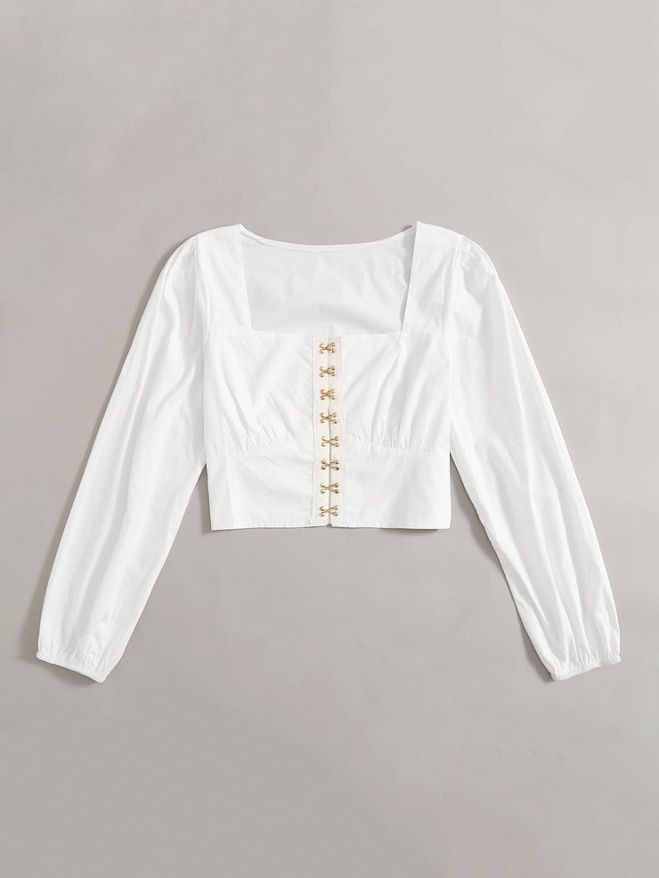 Buckle Button Ruched Crop Blouse