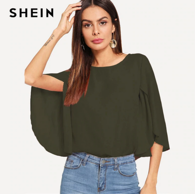 SHEIN Elegant Office Lady Butterfly Sleeve Split Trim O-Neck Solid Blouse 2018 Autumn Modern Lady Women Tops And Blouses