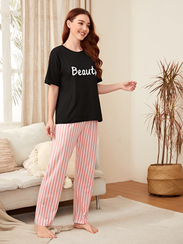 Letter Graphic Tee & Striped Pants Pajama Set