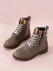 Contrast Knit Shaft Lace-up Ankle Boots
