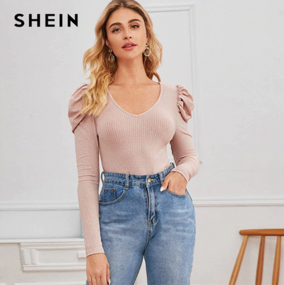 SHEIN Silver V-neck Gigot Sleeve Glitter Tee Women Spring Tshirt Puff Shoulder Rib-Knitted Glamorous Slim Fit T-shirts