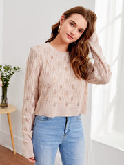 Pointelle Knit Solid Crop Sweater