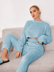 Solid Crop Top With Pants Teddy Lounge Set