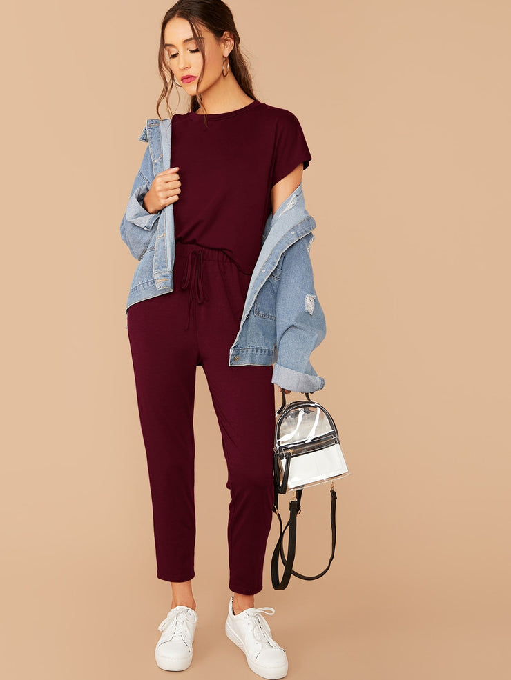 Solid Boxy Tee & Drawstring Ankle-Cut Pants Set