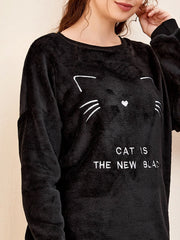Cartoon Cat And Slogan Embroidery Flannel PJ Set