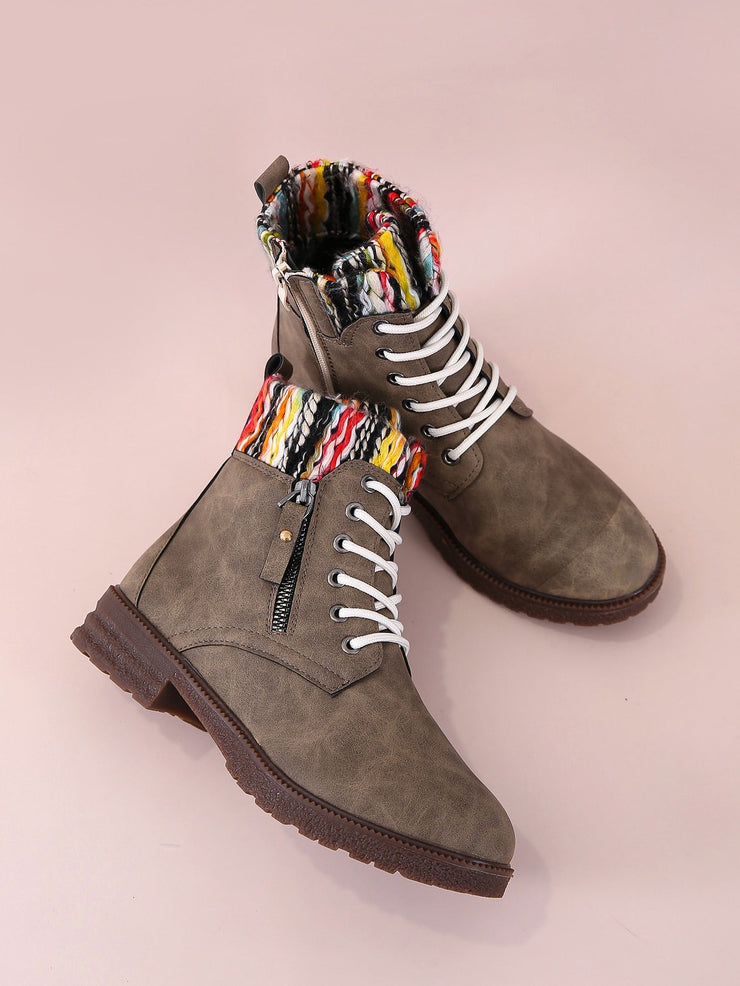 Contrast Knit Shaft Lace-up Ankle Boots